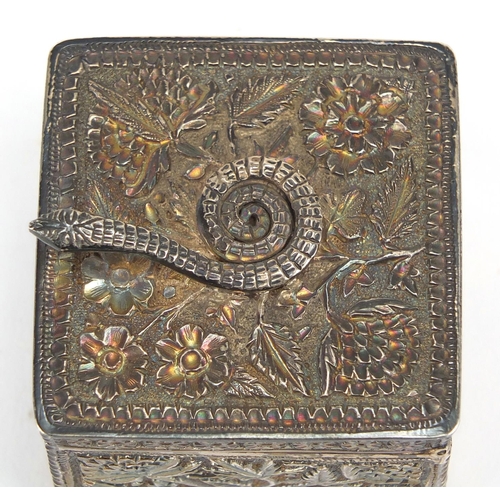 732 - Good quality unmarked Indian silver square box and cover, the hinged lid mounted with a serpent, emb... 