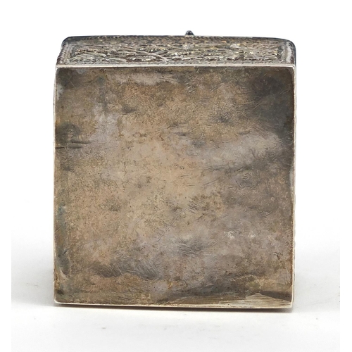 732 - Good quality unmarked Indian silver square box and cover, the hinged lid mounted with a serpent, emb... 