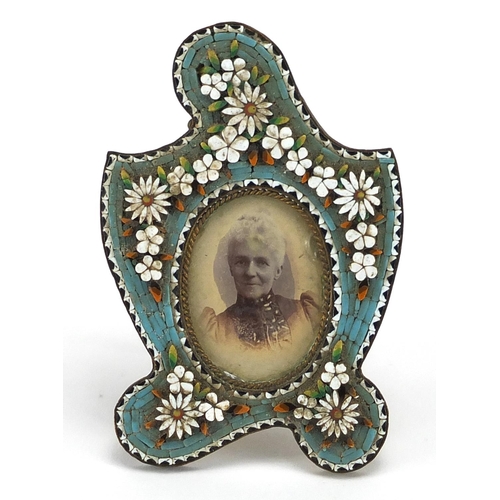29 - 19th century micro mosaic easel photo frame decorated with flowers, 10cm high