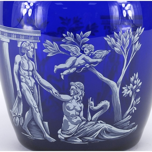 619 - Blue glass Portland design vase, decorated with classical figures, 23cm high