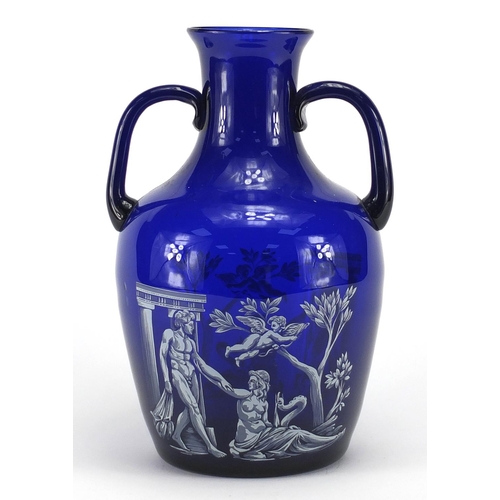 619 - Blue glass Portland design vase, decorated with classical figures, 23cm high