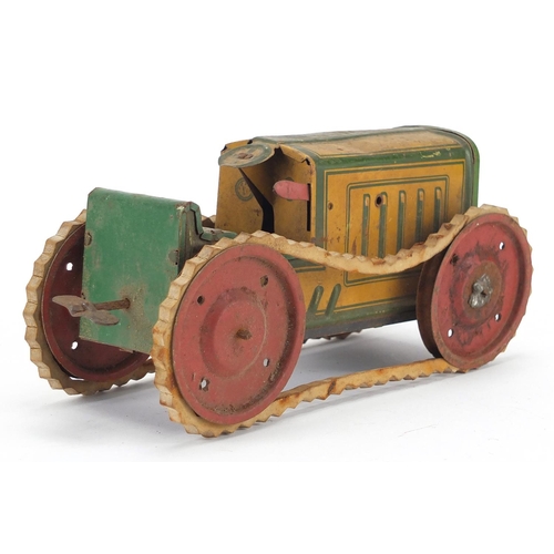 408 - German tin plate clockwork tractor, 24cm in length