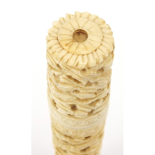 515 - Chinese Canton ivory cylindrical needle case carved with a dragon and birds of paradise, 15cm high