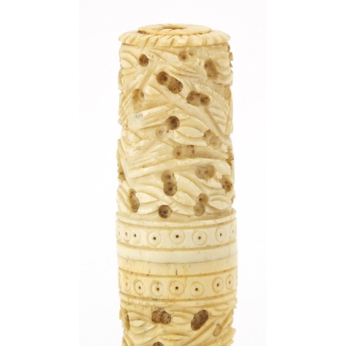 515 - Chinese Canton ivory cylindrical needle case carved with a dragon and birds of paradise, 15cm high