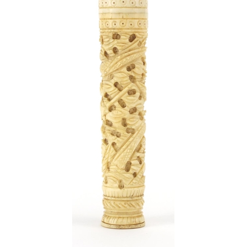 515 - Chinese Canton ivory cylindrical needle case carved with a dragon and birds of paradise, 15cm high