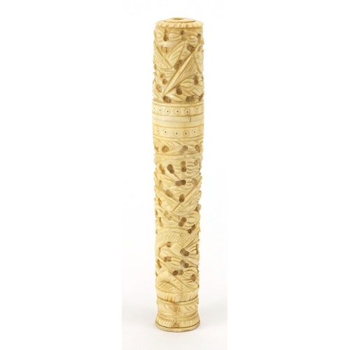 515 - Chinese Canton ivory cylindrical needle case carved with a dragon and birds of paradise, 15cm high