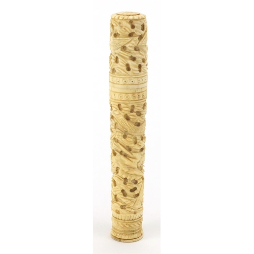 515 - Chinese Canton ivory cylindrical needle case carved with a dragon and birds of paradise, 15cm high