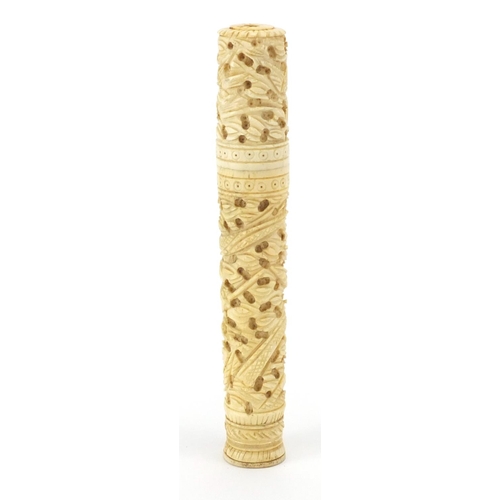 515 - Chinese Canton ivory cylindrical needle case carved with a dragon and birds of paradise, 15cm high