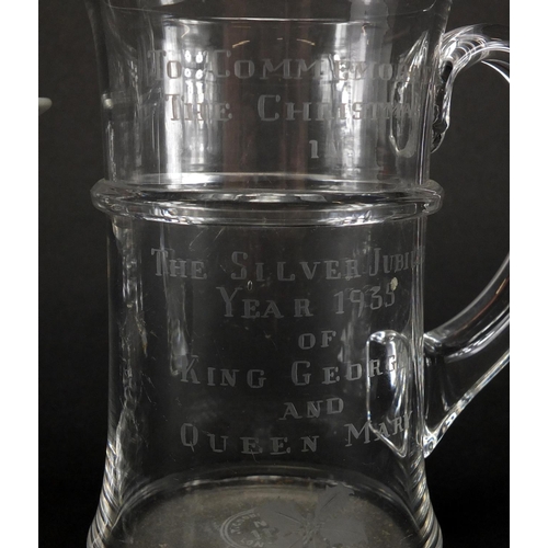 624 - Silver Jubilee commemorative glass tazza and tankard, both retailed by T Goode & Co of London, the t... 