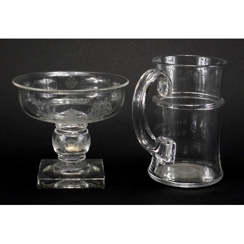 624 - Silver Jubilee commemorative glass tazza and tankard, both retailed by T Goode & Co of London, the t... 