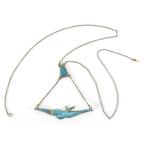 711 - Art Nouveau silver enamel swallow two tier pendant by Charles Horner, Chester 1911, 5cm wide, approx... 