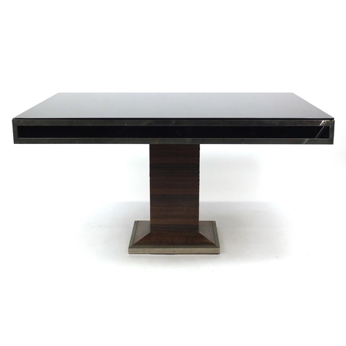 2005 - Art Deco rosewood pedestal table with black glass and chrome top, 74cm H x 136cm W x 81cm D