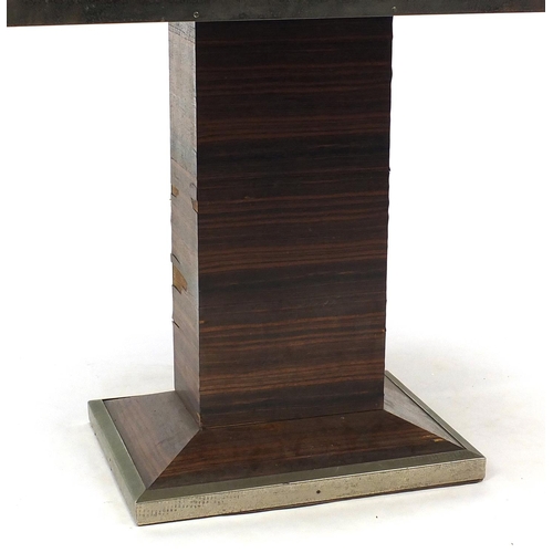 2005 - Art Deco rosewood pedestal table with black glass and chrome top, 74cm H x 136cm W x 81cm D
