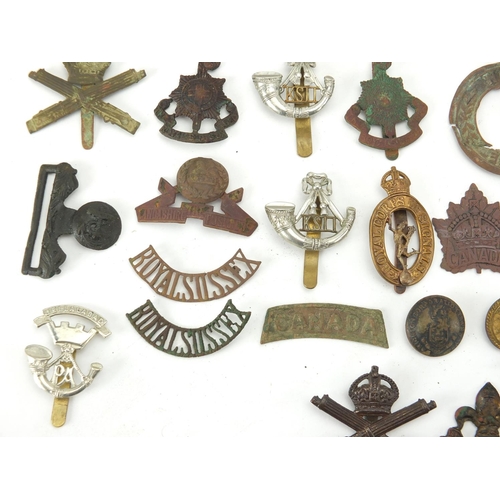 312 - Mostly British Military interest cap badges and buttons including Royal Sussex and Royal Engineers