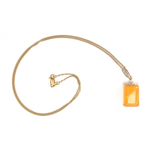 841 - 9ct gold fire opal and diamond pendant on a 9ct gold necklace, the pendant 3.5cm in length, approxim... 