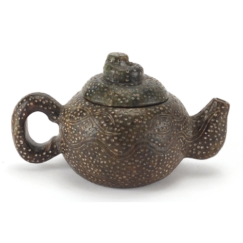 479 - Chinese soapstone teapot carved with floral motifs, 16.5cm in length