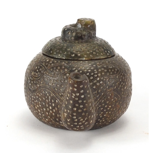 479 - Chinese soapstone teapot carved with floral motifs, 16.5cm in length