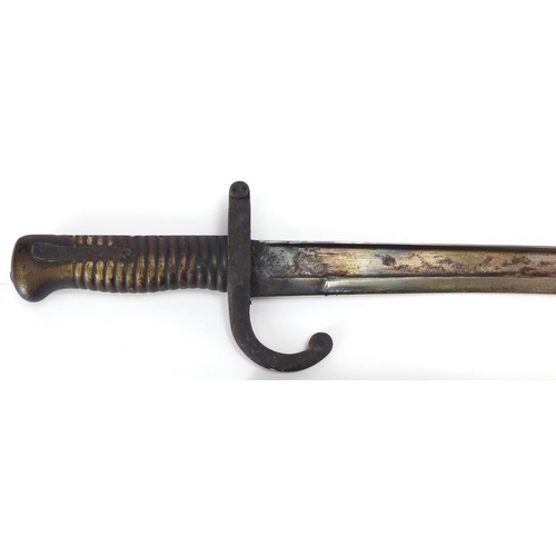 341 - 19th century French Military St Etienne long bayonet and scabbard, numbered 902, 71cm in length