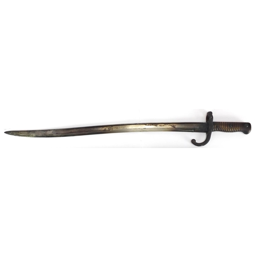 341 - 19th century French Military St Etienne long bayonet and scabbard, numbered 902, 71cm in length