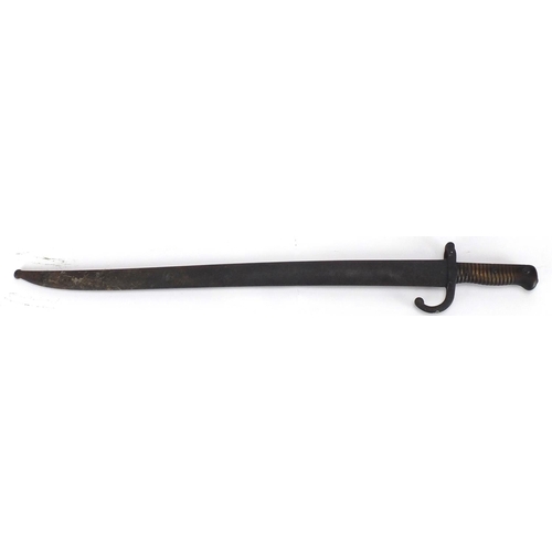 341 - 19th century French Military St Etienne long bayonet and scabbard, numbered 902, 71cm in length