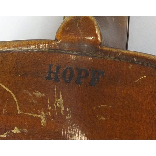 279 - Old wooden violin with scrolled neck, impressed Hopf and bearing a label to the interior, together w... 