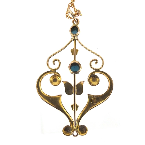 889 - Art Nouveau 9ct gold turquoise pendant on a 9ct gold  necklace, the pendant 4cm in length, approxima... 