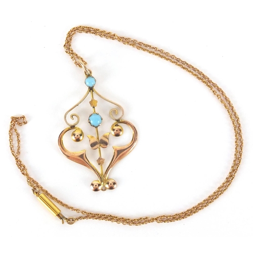 889 - Art Nouveau 9ct gold turquoise pendant on a 9ct gold  necklace, the pendant 4cm in length, approxima... 