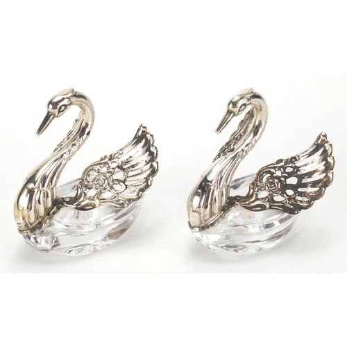 773 - Pair of silver and cut glass swan salts, 925 import marks, 6.5cm high