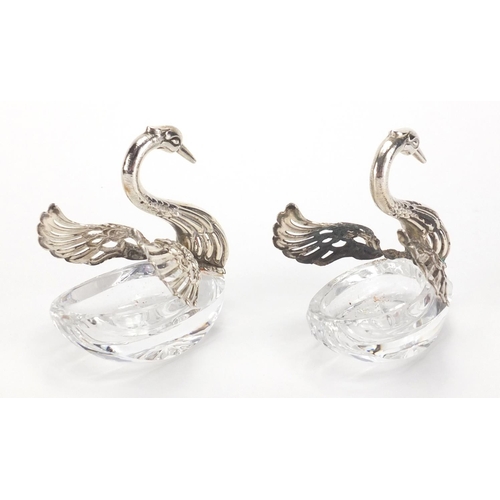 773 - Pair of silver and cut glass swan salts, 925 import marks, 6.5cm high