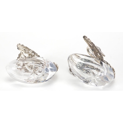 773 - Pair of silver and cut glass swan salts, 925 import marks, 6.5cm high