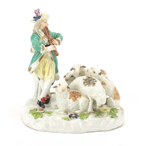 582 - 19th century Meissen hand painted porcelain figure group of a shepherd with four sheep and his dog, ... 