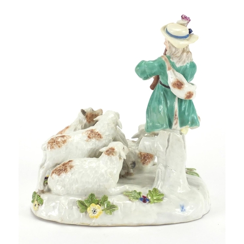 582 - 19th century Meissen hand painted porcelain figure group of a shepherd with four sheep and his dog, ... 