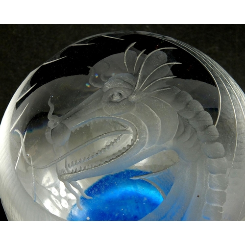 629 - Peter Dreiser glass paperweight etched with a dragon, limited edition 22/27, 9cm in diameter