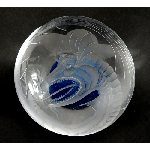 629 - Peter Dreiser glass paperweight etched with a dragon, limited edition 22/27, 9cm in diameter