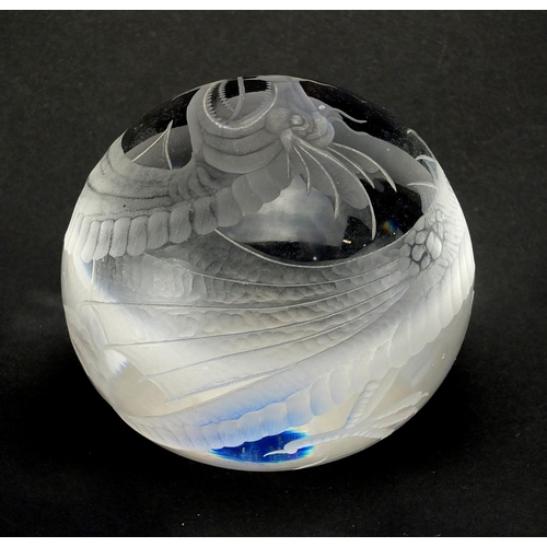 629 - Peter Dreiser glass paperweight etched with a dragon, limited edition 22/27, 9cm in diameter