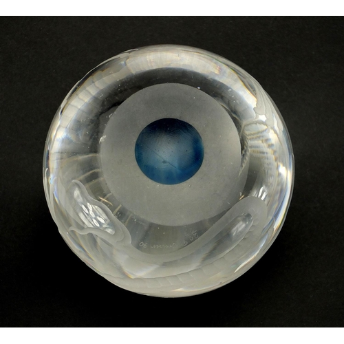 629 - Peter Dreiser glass paperweight etched with a dragon, limited edition 22/27, 9cm in diameter