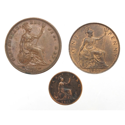 238 - Two Victorian pennies and an 1868 farthing, the pennies dates, 1841 and 1901, approximate weight 31.... 