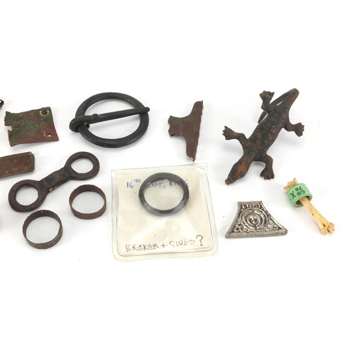 272 - Antique and later metal detecting finds and artefacts including rings and a lizard