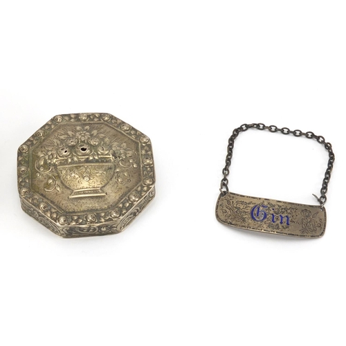 750 - Silver items, belt buckle, bon bon dish and decanter label, together with a white metal box with hin... 