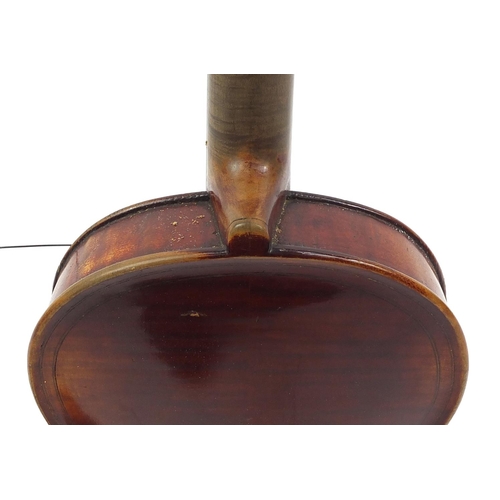 275 - Old wooden violin with scrolled neck, bearing a Giovan Paolo Maggini label to the interior, with vel... 