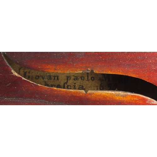 275 - Old wooden violin with scrolled neck, bearing a Giovan Paolo Maggini label to the interior, with vel... 