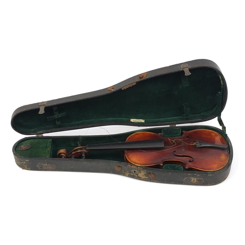 275 - Old wooden violin with scrolled neck, bearing a Giovan Paolo Maggini label to the interior, with vel... 