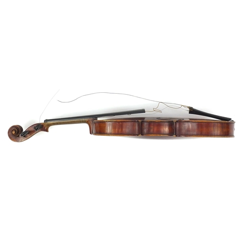 275 - Old wooden violin with scrolled neck, bearing a Giovan Paolo Maggini label to the interior, with vel... 