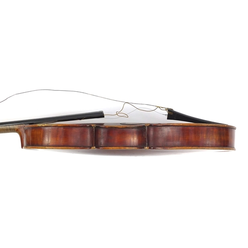 275 - Old wooden violin with scrolled neck, bearing a Giovan Paolo Maggini label to the interior, with vel... 