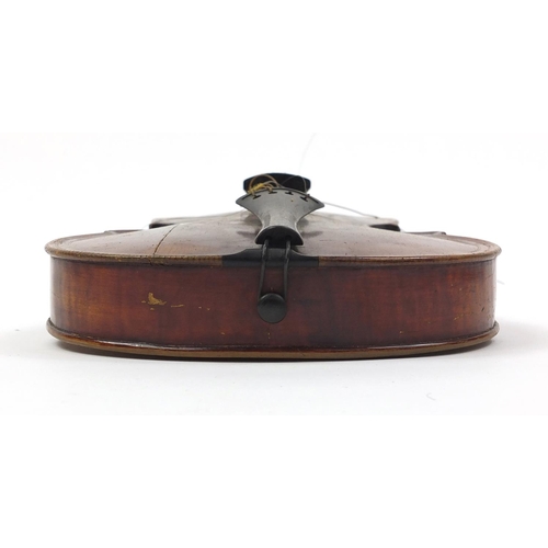 275 - Old wooden violin with scrolled neck, bearing a Giovan Paolo Maggini label to the interior, with vel... 