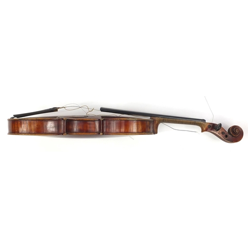 275 - Old wooden violin with scrolled neck, bearing a Giovan Paolo Maggini label to the interior, with vel... 