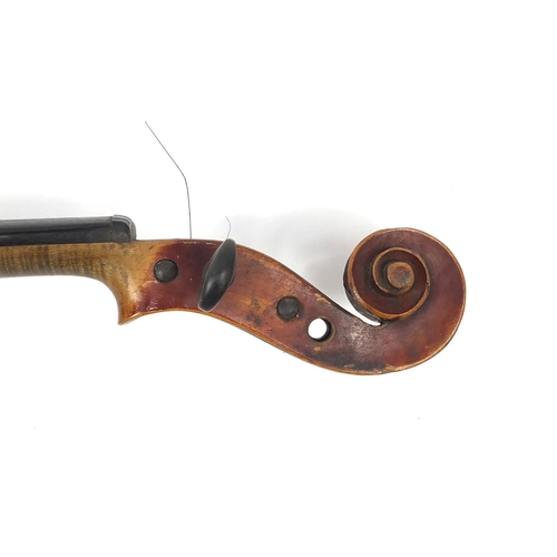 275 - Old wooden violin with scrolled neck, bearing a Giovan Paolo Maggini label to the interior, with vel... 