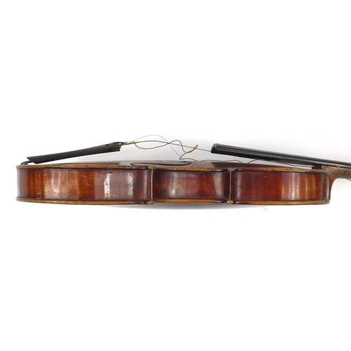 275 - Old wooden violin with scrolled neck, bearing a Giovan Paolo Maggini label to the interior, with vel... 