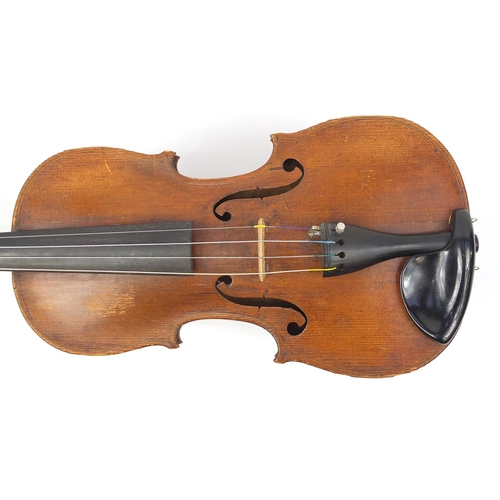 276 - Old wooden violin with one piece back and scrolled neck, together with two unnamed violin bows and f... 