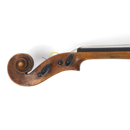 276 - Old wooden violin with one piece back and scrolled neck, together with two unnamed violin bows and f... 